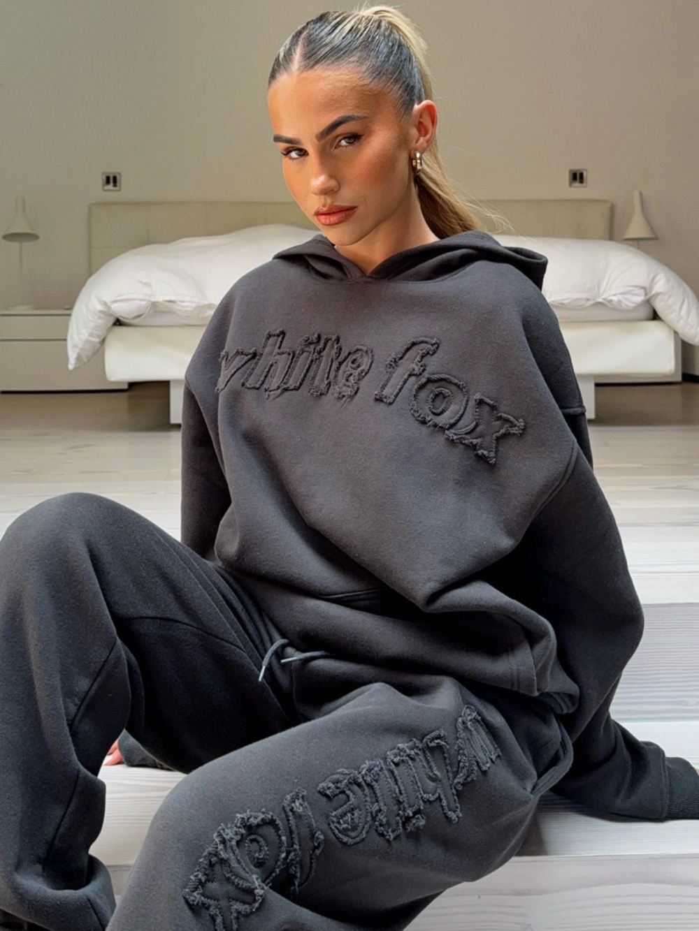 White Fox Boutique Black Distressed Logo Hoodie